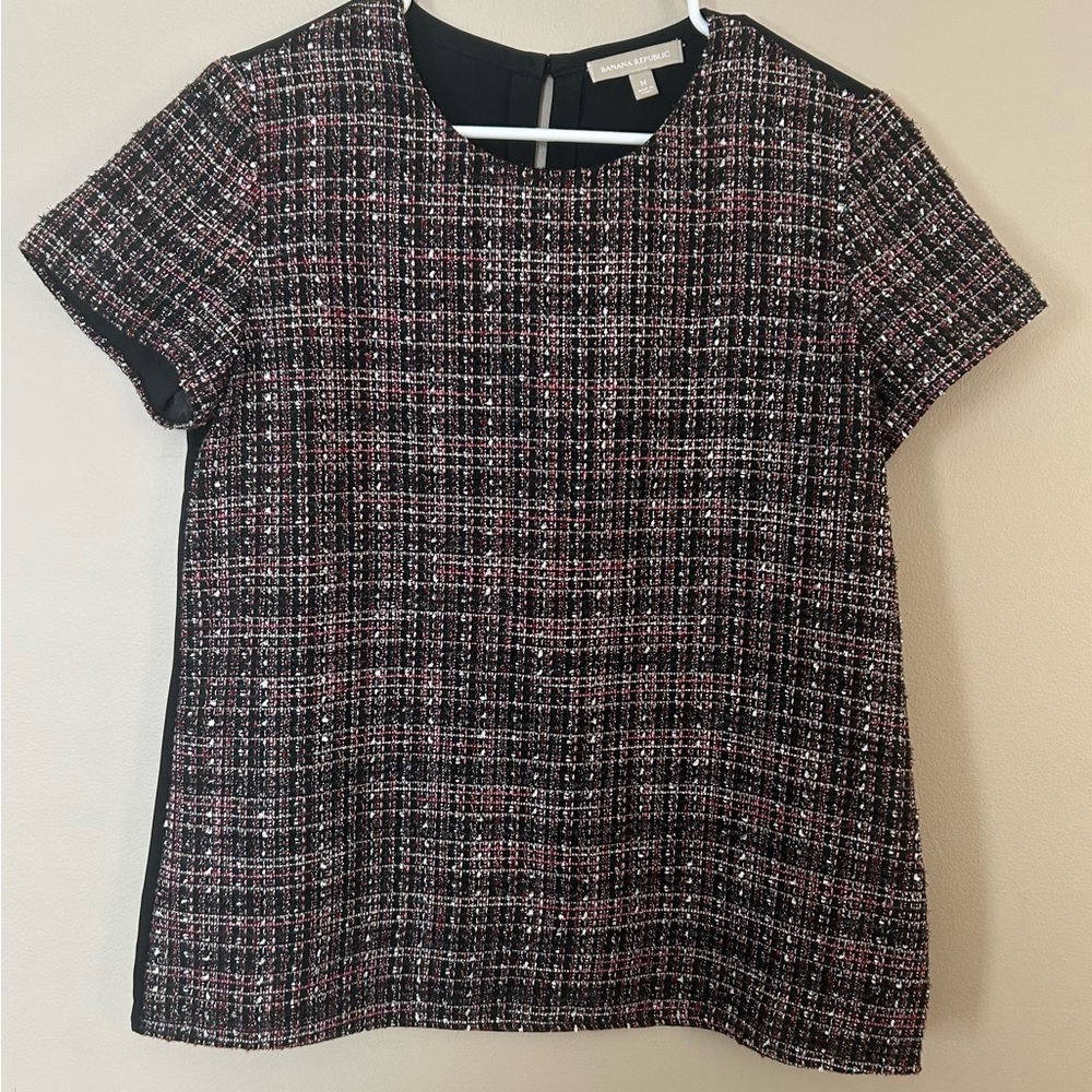 Banana Republic Black and Pink Tweed Short Sleeve Blouse